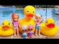 Play by the Pool ! Elsa and Anna toddlers - Ducks - LOL dolls - water fun - splash - slide