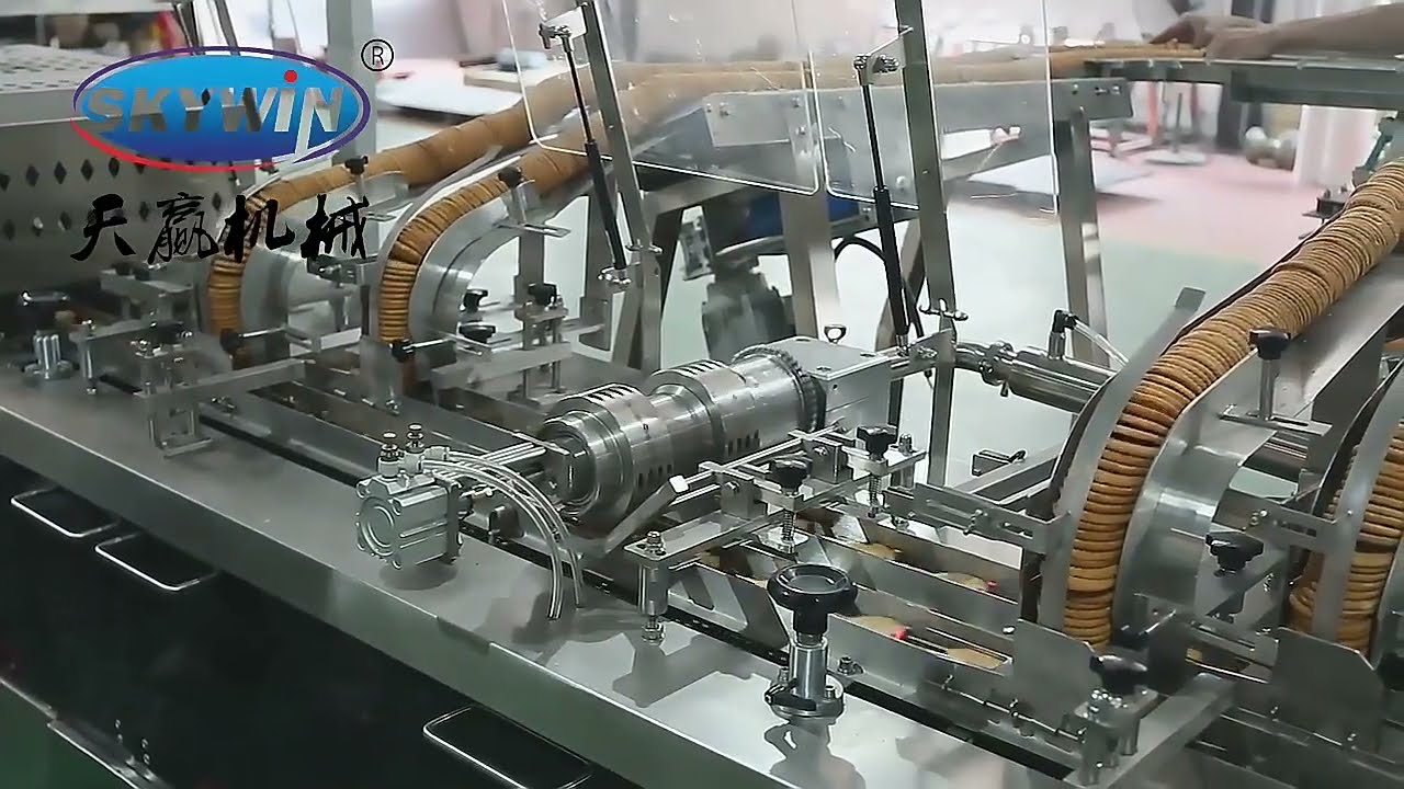 SKYWIN BISCUIT CREAM SANDWICHING MACHINE CONNECTED TO ON-EDGE BISCUIT PACKING MACHINE