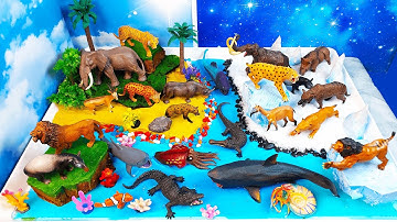 Ice Age Animals vs modern Wild Animals- Ice and Tropical Islands diorama-educational video for kids