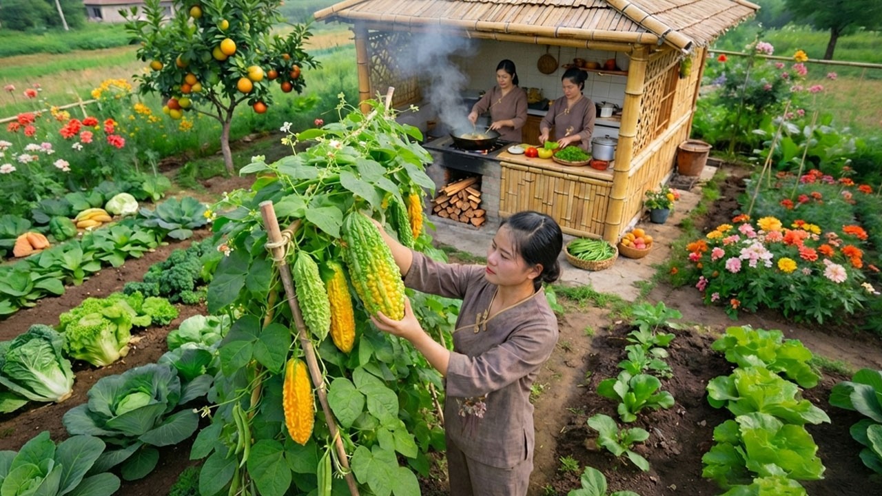 Peaceful Country Life: Harvesting GIANT Bitter Melon in My Garden and Cooking Stuffed Bitter Melon