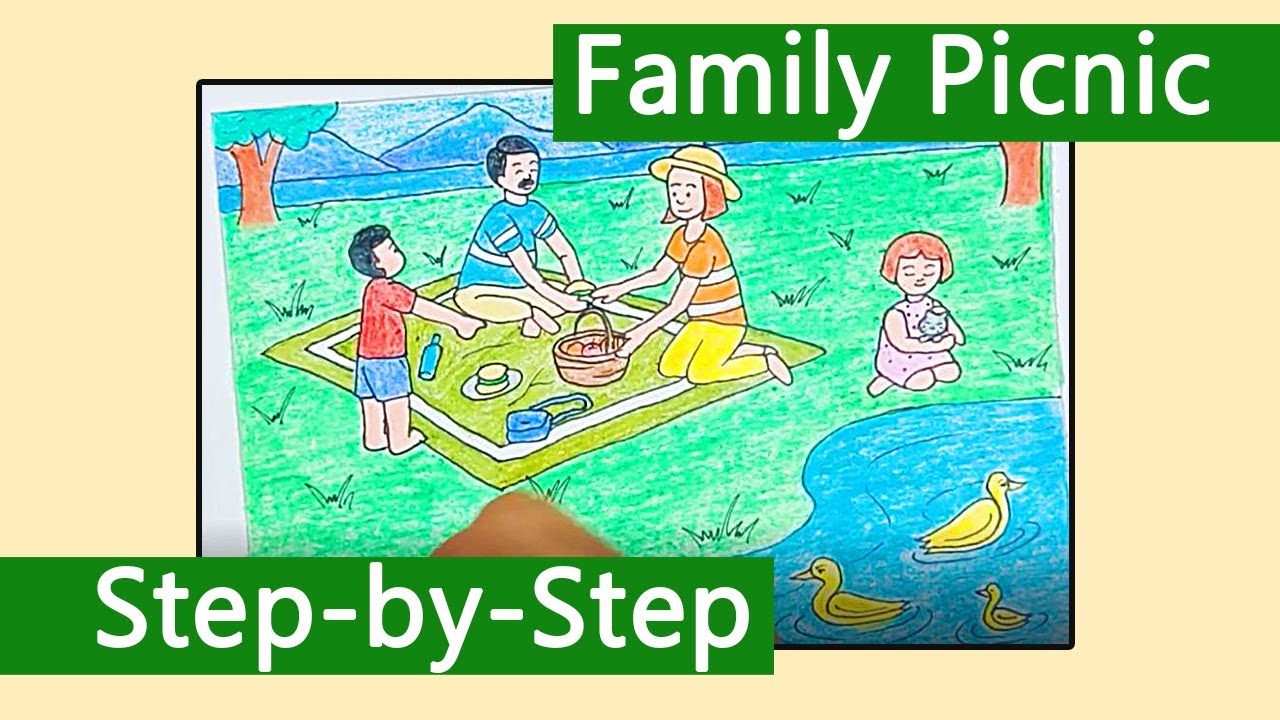 How to draw holiday memory family picnic in jungle park step by ...