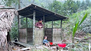 Complete kitchen. Cooking with my son. Mother and son live in the forest
