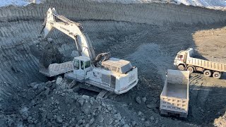 Liebherr 984 Excavator Loading Mercedes And MAN Trucks With Two Passes - Labrianidis Mining Works