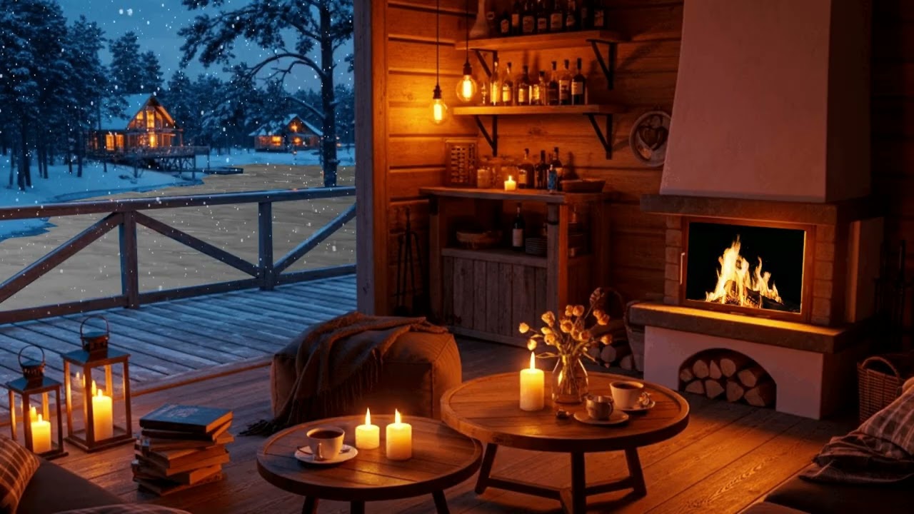 Winter Lake Café Ambience | Smooth Instrumental Jazz & Fireplace Crackles