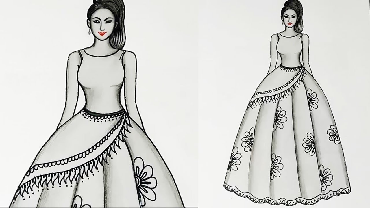 Dress drawing : How to draw a dress design - YouTube