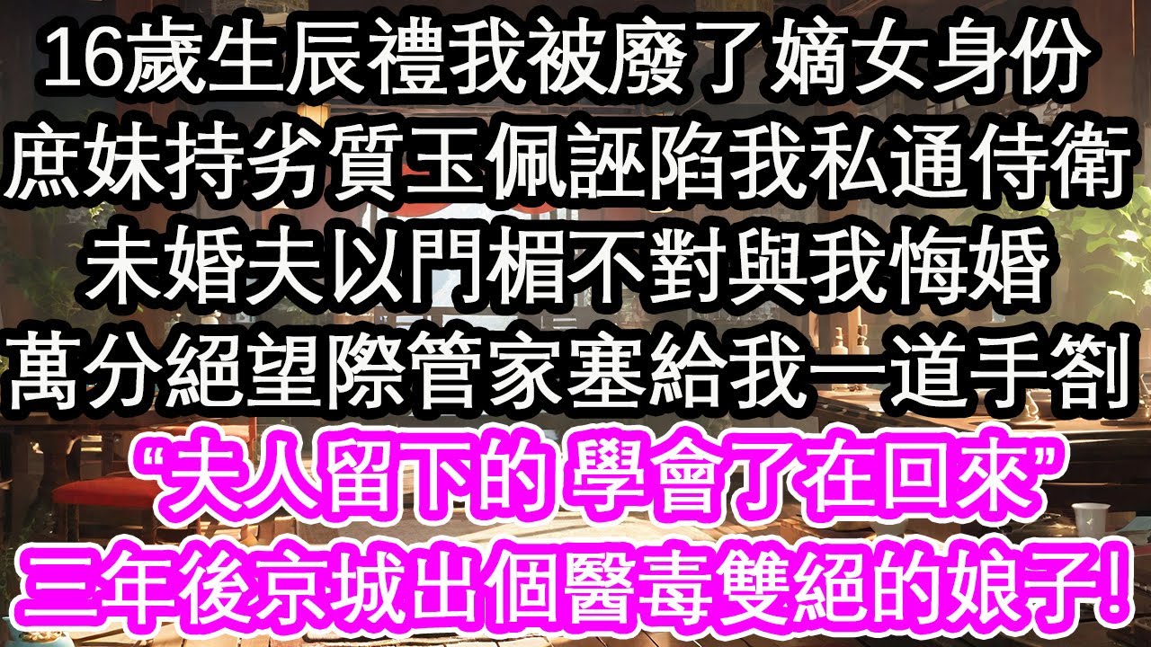 16歲生辰禮我被廢了嫡女身份，庶妹持劣質玉佩誣陷我私通侍衛，未婚夫以門楣不對與我悔婚，萬分絕望際管家塞給我一道手劄，“夫人留下的 學會了在回來”三年後京城出了個醫毒雙絕的娘子！【花開】【愛情】【生活】