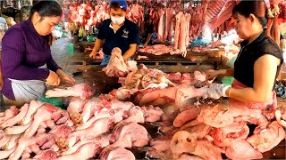 เทคนิคการตัดหมูผู้ขายที่น่าทึ่งที่ตลาด Chbar Ampov l ตลาดหมูกัมพูชา