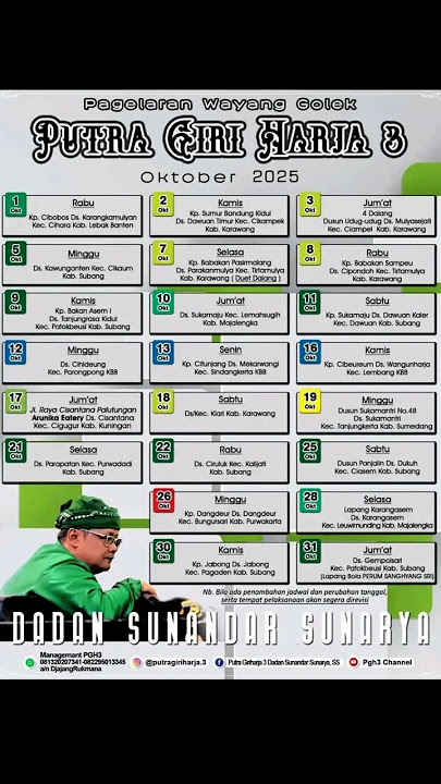 JADWAL WAYANG GOLEK BULAN OKTOBER 2025 PUTRA GIRI HARJA 3 DALANG DADAN SUNANDAR SUNARYA