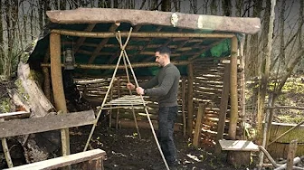 Building a Bushcraft Shelter: Walls, Bench, Meat Smoker: Cast Iron Cooking