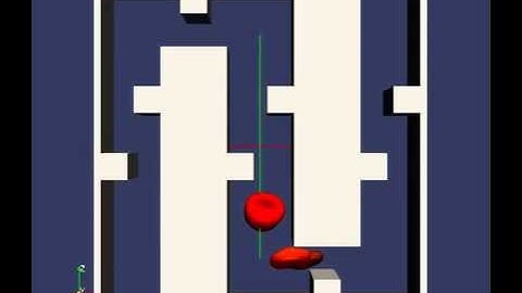 4 red blood cells flowing in an S-shaped channel with obstacles