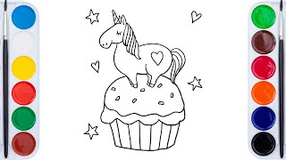 Drawing and coloring Unicorn on Cupcake Cake