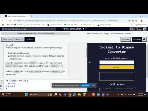 Learn Recursion by building a Decimal to Binary Converter step  60