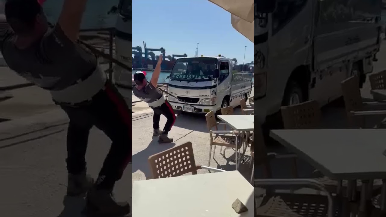 Pulling this truck with my teeth at the Boxing for Puttinu event