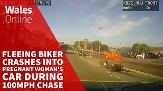 Terrifying moment fleeing biker crashes into pregnant woman's car during 100mph chase