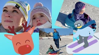 Oli Titi having fun on snow sleds. Menthieres ski luge Monts Jura. Trying to ski for the first time