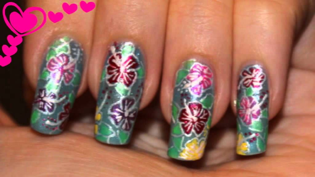 Nail Design Hibiscus flowers. Nail art pens. YouTube