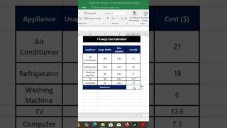 Energy Cost Calculator Formula in Excel