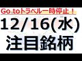 【12月16日(水)の注目銘柄】Go toトラベル一時停止！本日の株式相場振り返りと明日の注目銘柄・注目株・好材料・サプライズ決算を解説、株式投資の参考に。