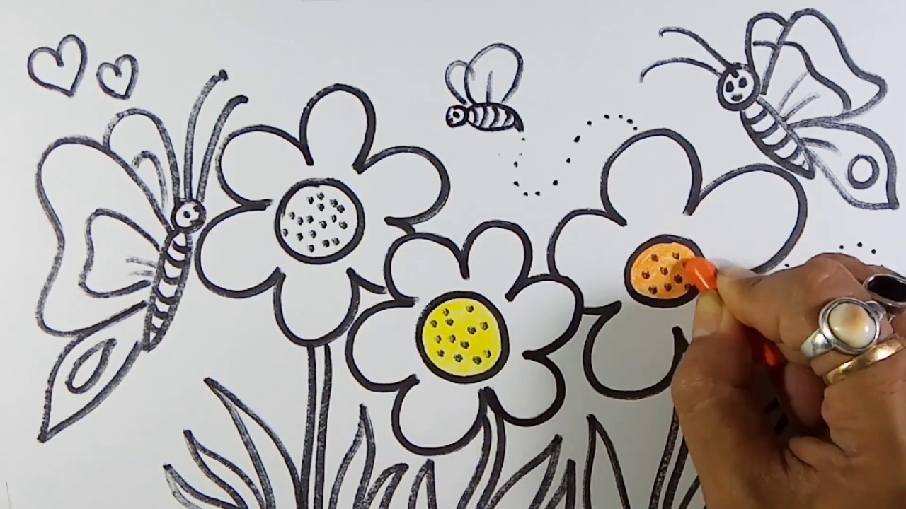 Easy and simple Flower Garden Drawing - YouTube