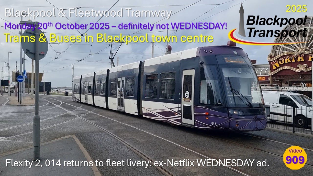 909 - Blackpool Tramway: Trams and buses around Blackpool town centre on Monday 20th October 2020