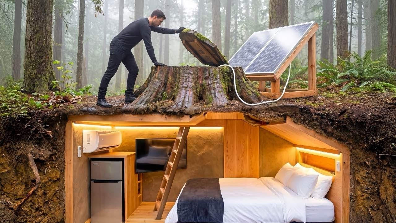 Building a house in the forest (ASMR) - This guy built a modern mini basement house all by himself