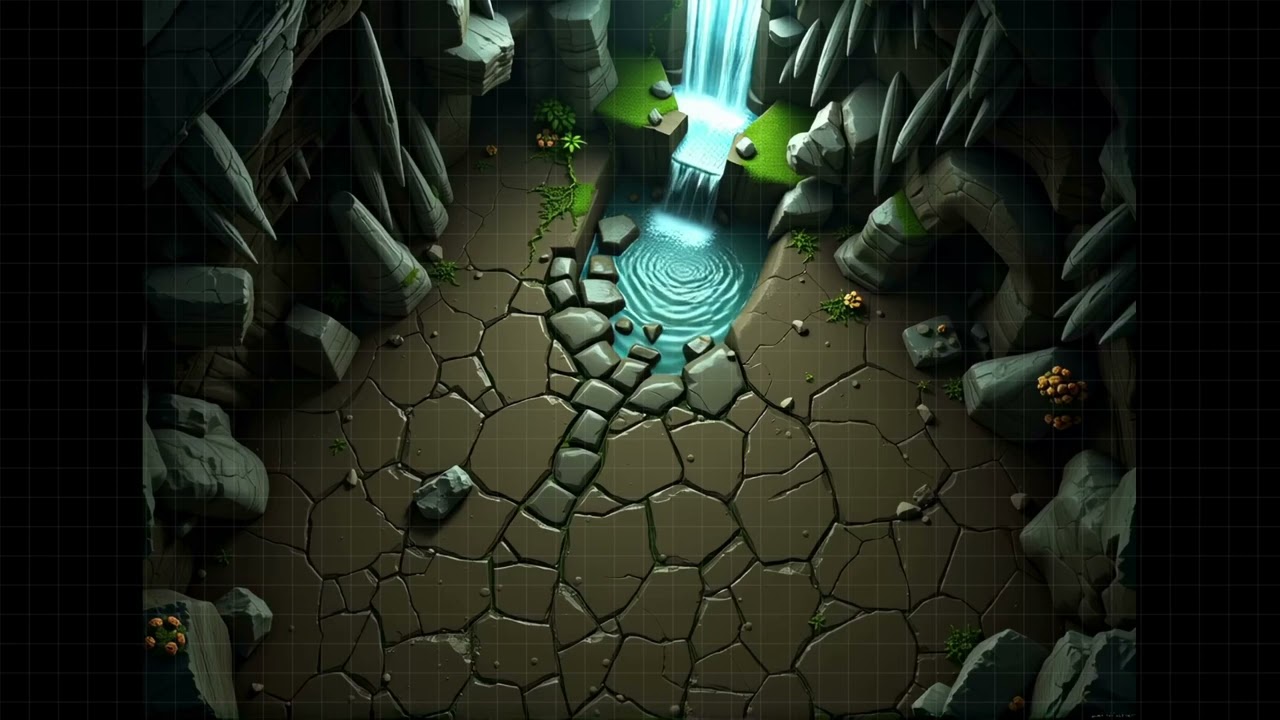 DnD compatible animated map _ Serene Cave with Waterfall _ square grid _ ambience for VTT