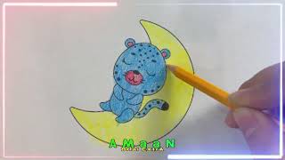 Instructions for coloring the picture of a blue cat and a moon cat