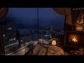 Cozy winter bedroom ambience with snowstorm  blizzard crackling fire wind calming nature sounds