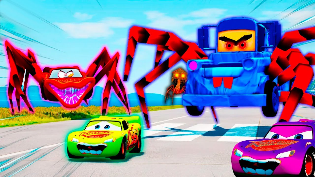 Lightning McQueen's Epic Showdown with Spider-Cars and More Monsters! Beam.NG Escape compilation