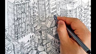 Drawing Complex City With Staedtler Fineliner Only Open-Air Marketdrawn By Imagination