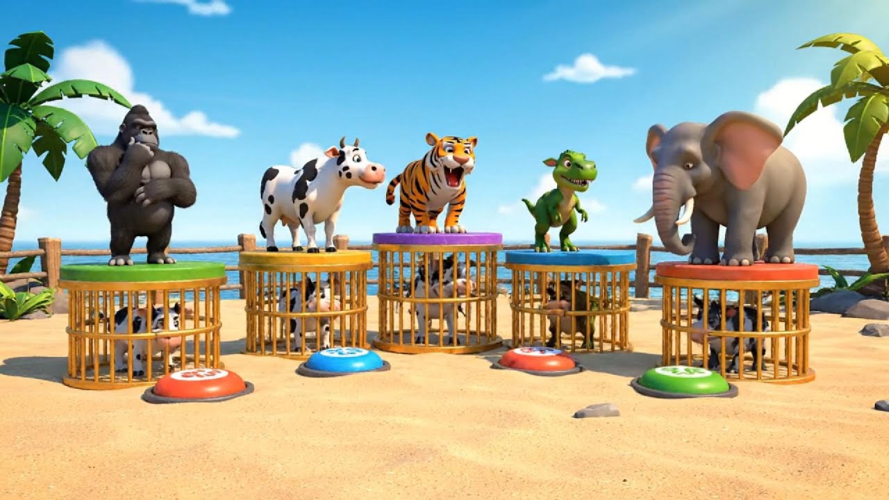 Long Slide Game With Cow Elephant Gorilla Hippopotamus Tiger - 3d Animal  - Funny 3dd Animals