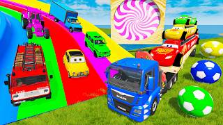 Long Cars vs Funny Cars with Slide Color  Long Flatbed Trailer Transportation  Cars vs Deep Water