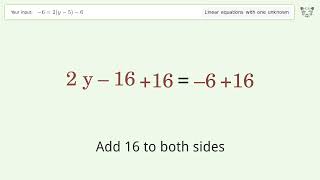 Linear equation with one unknown: Solve -6=2(y-5)-6 step-by-step solution