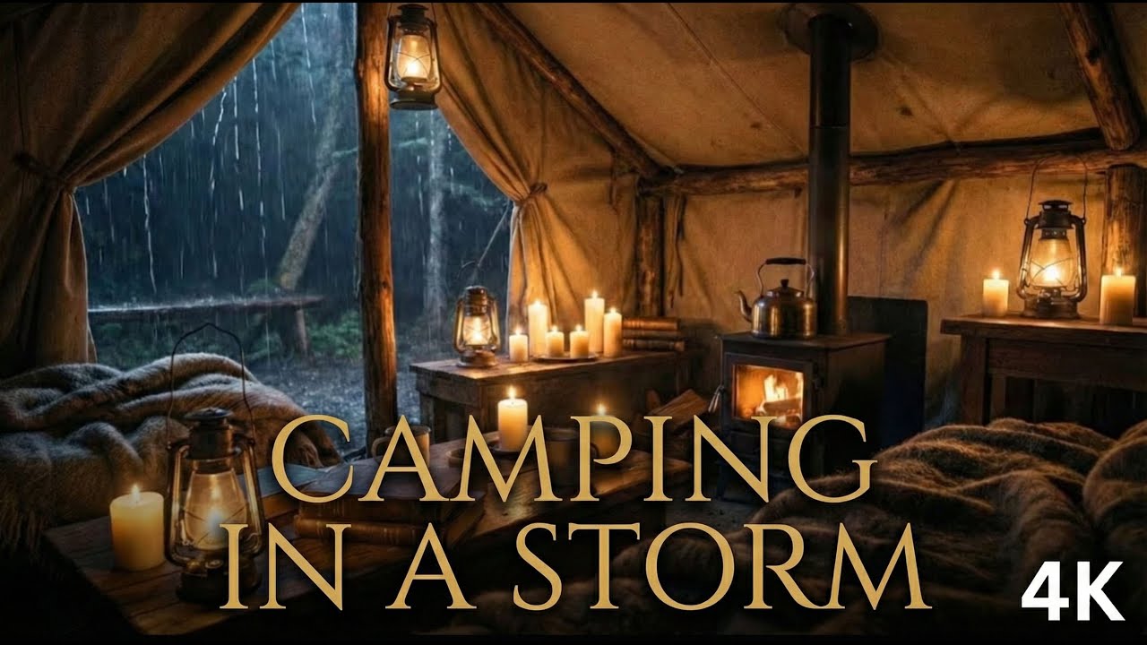4K | 3H Rainy Night in a Wooden Tent | Fireplace in Nature | Cozy Storm