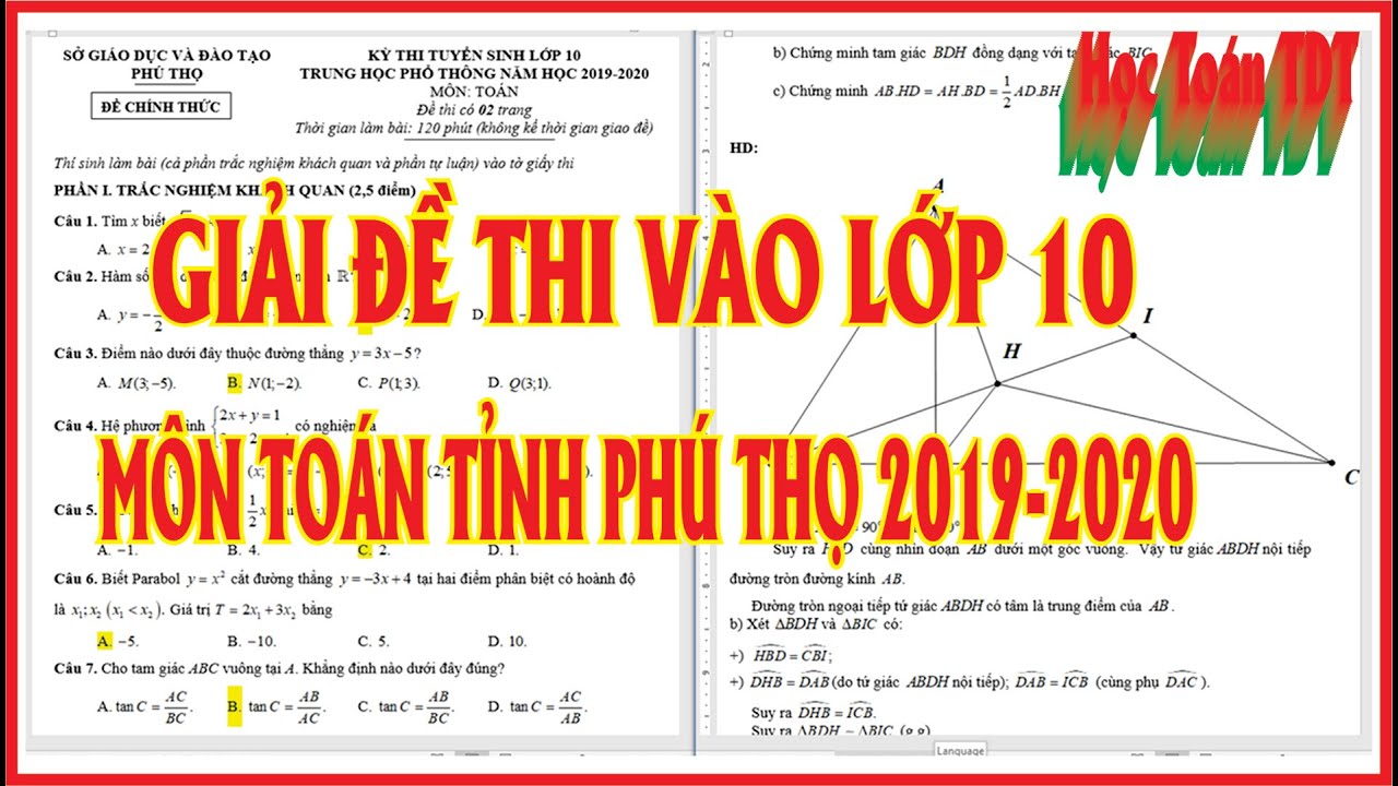 Giải đề thi vào lớp 10 môn toán Tỉnh Phú Thọ năm học 2019 –  2020