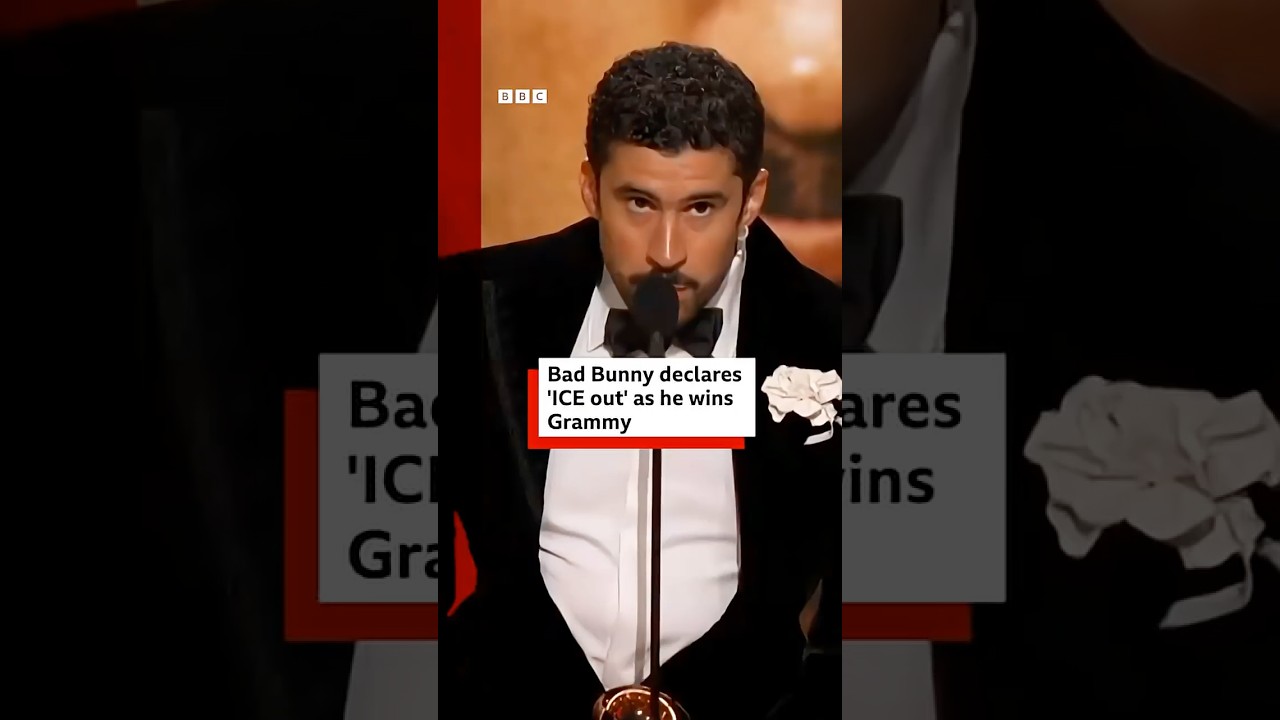 Bad Bunny addresses the Trump administration's immigration crackdown at Grammys. #Grammys #BBCNews