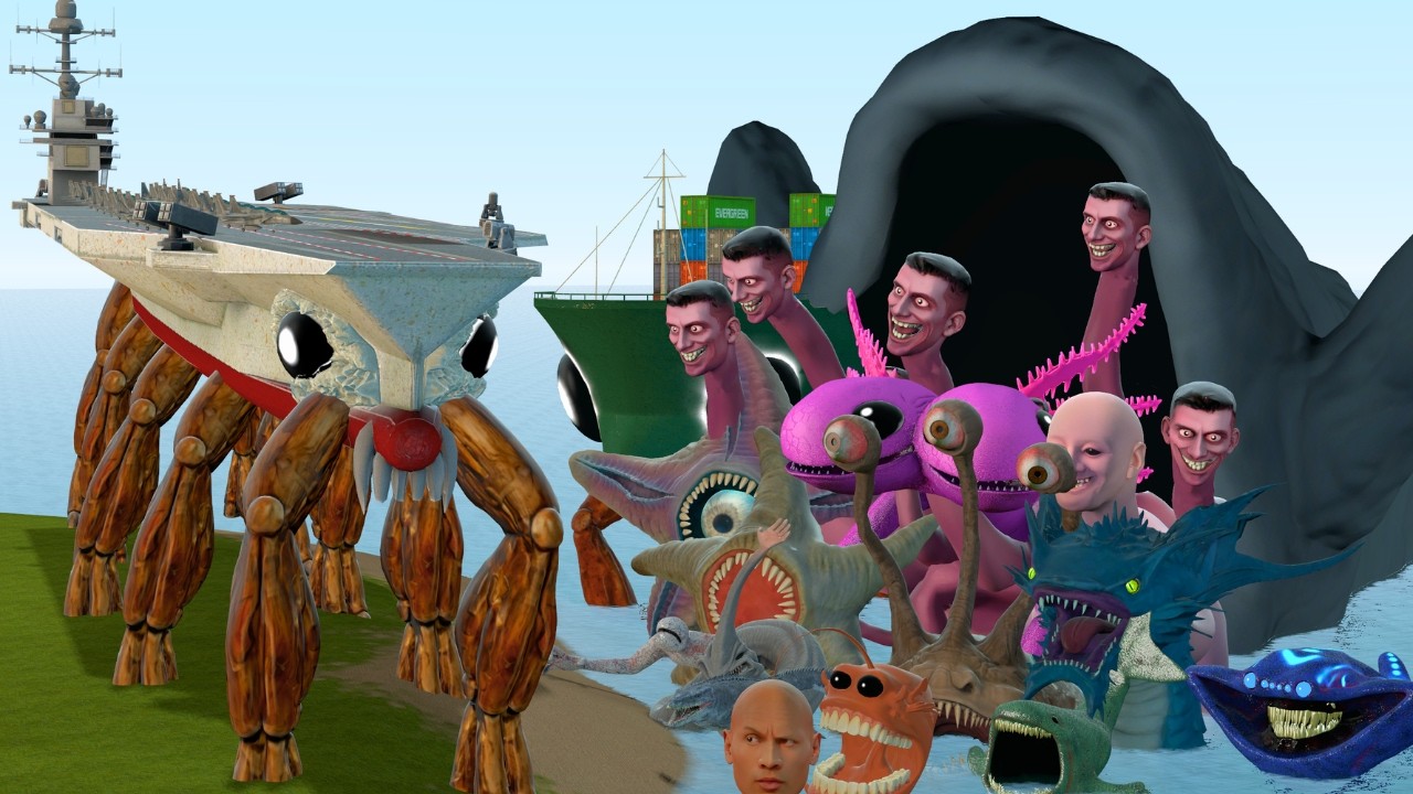 New Crab Craft Carrier USS Abraham Lincoln Vs All Sea Monster Creatures In Garry's Mod