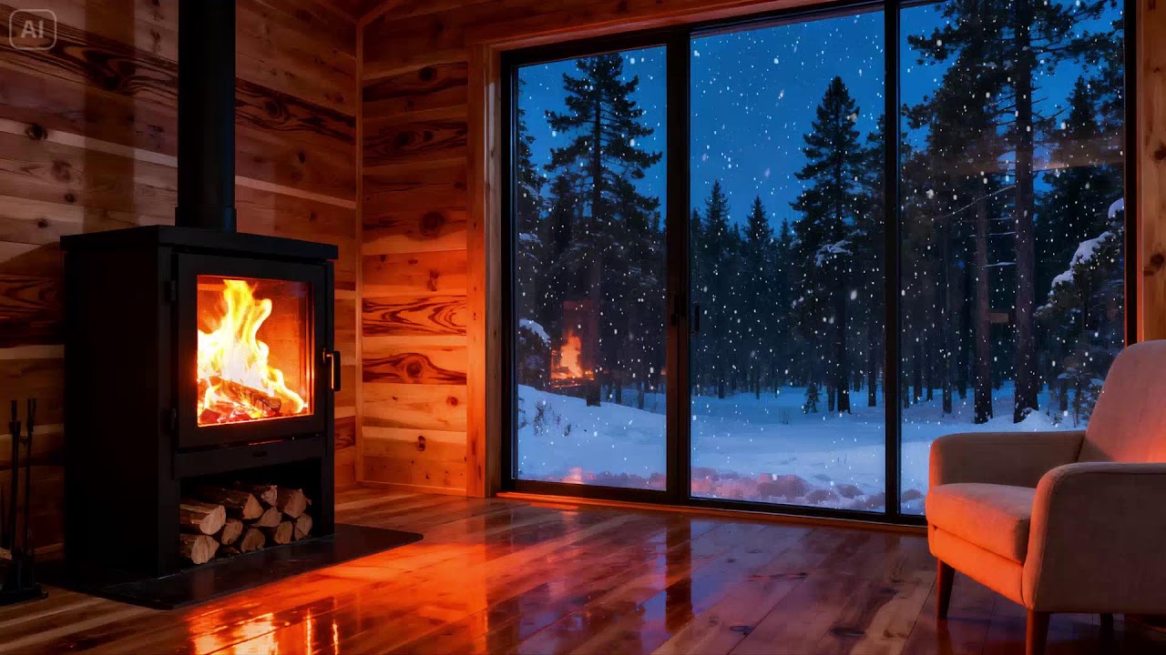 Wooden Cabin in Deep Winter 🔥 Warm Hearth and Falling Snow
