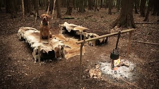 2 Day Bushcraft Camp with a Dog - Deer Hide Beds, Camp Fire Cooking (Forest Camping)