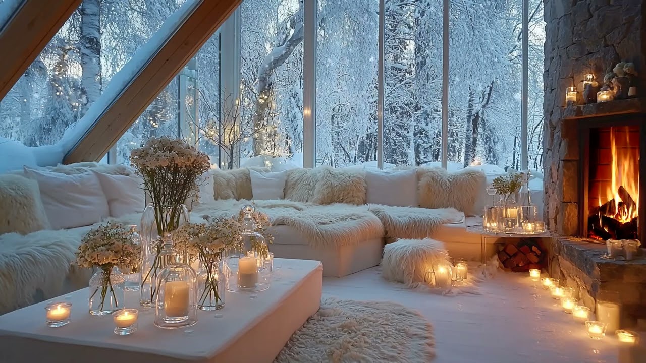 Winter White Piano Lounge with Cozy Fireplace and Gentle Flowers for 3 Hours of Healing Calm