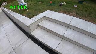 Big porcelain patio, with retaining wall and steps. (stonehenge white 900x600mm)