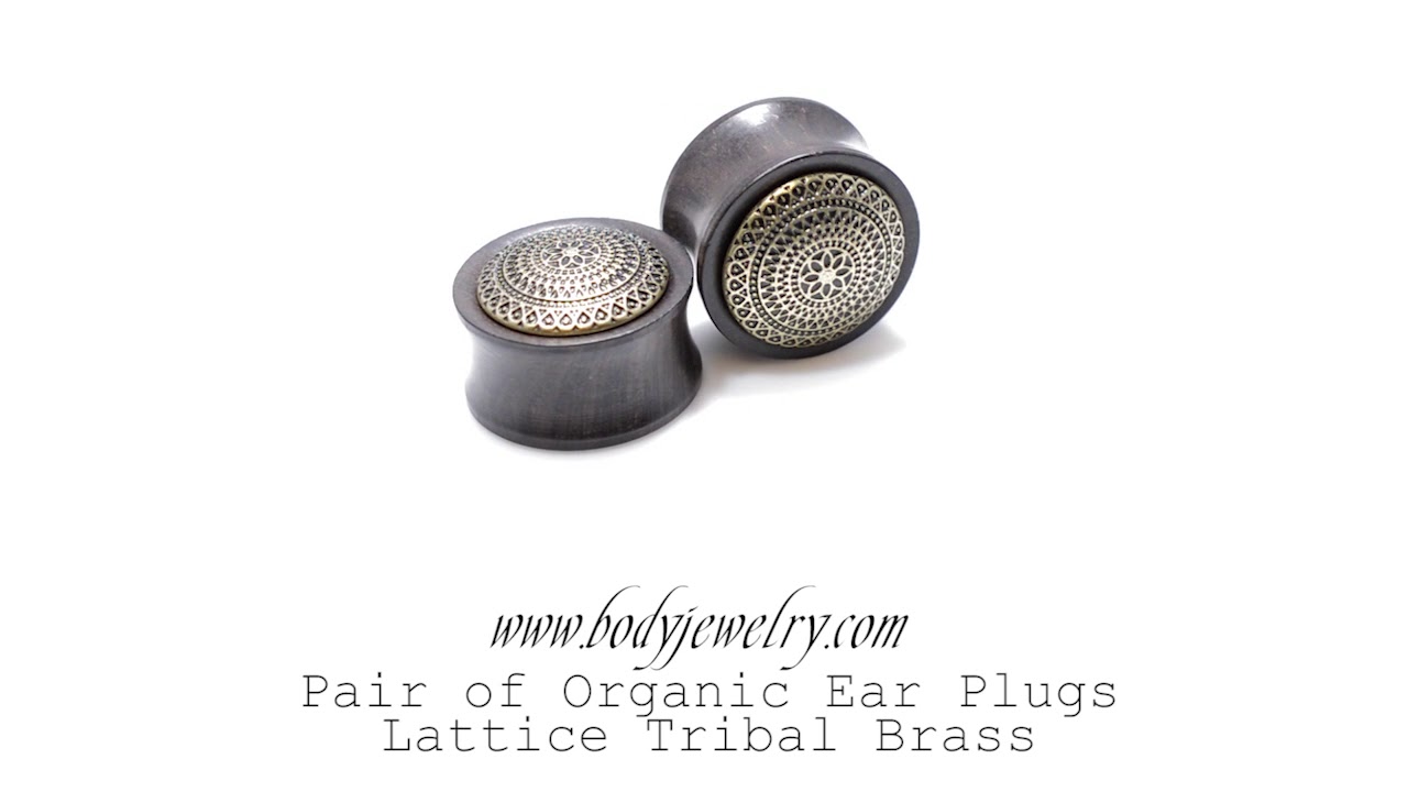 Pair of Organic Ear Plugs Lattice Tribal Brass Inlay Wood Saddle Fit Double Flare Plugs