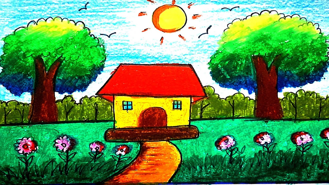 Beautiful Village Scenery Drawing Tutorials || How to Drawing Beautiful Scenery Easy Steps ||