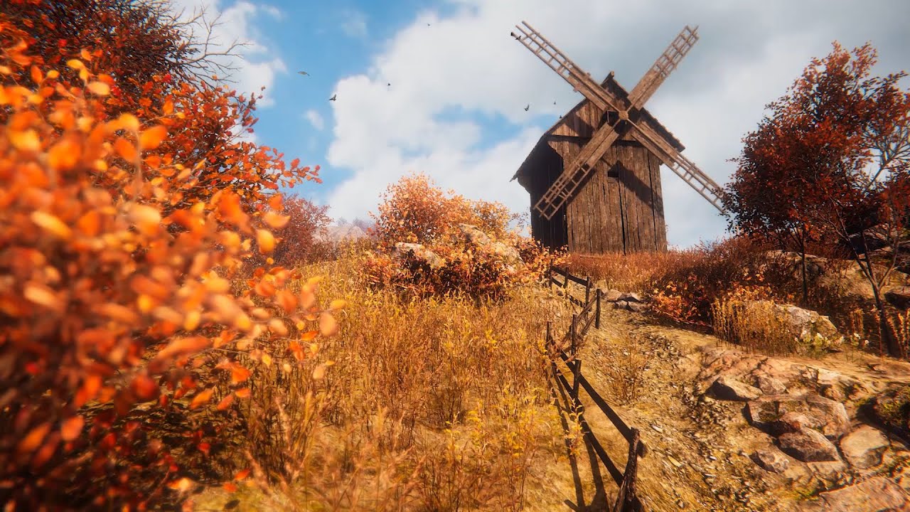 Sunny Autumn with an Old Windmill Ambience ASMR - Howling Wind, Windmill and Bird Sounds - 8 hours