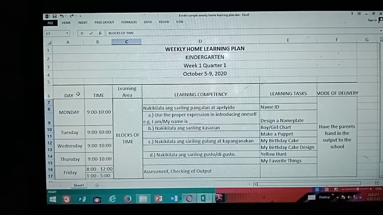 WEEKLY HOME LEARNING PLAN SAMPLE For Kindergarten