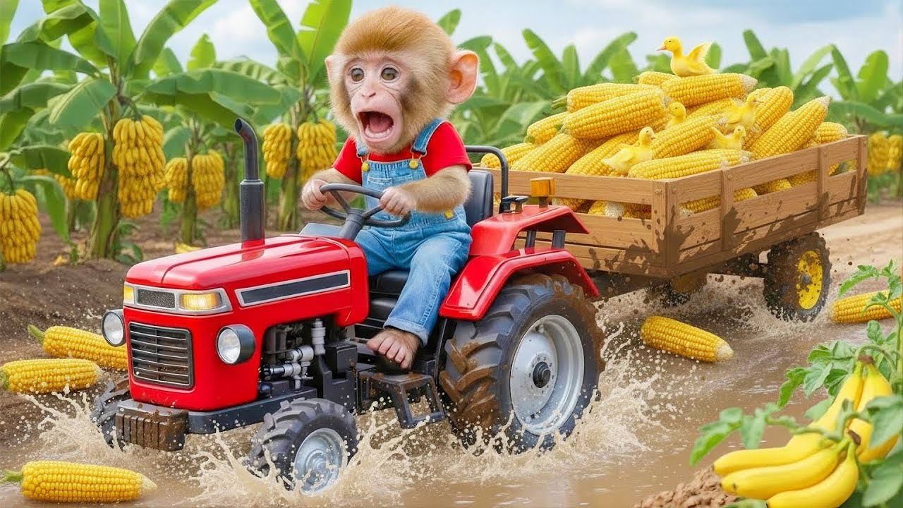 Rico Monkey Driving Red Tractor Through Mud to Harvest Corn and Drink Fresh Milk 🚜🥛✨