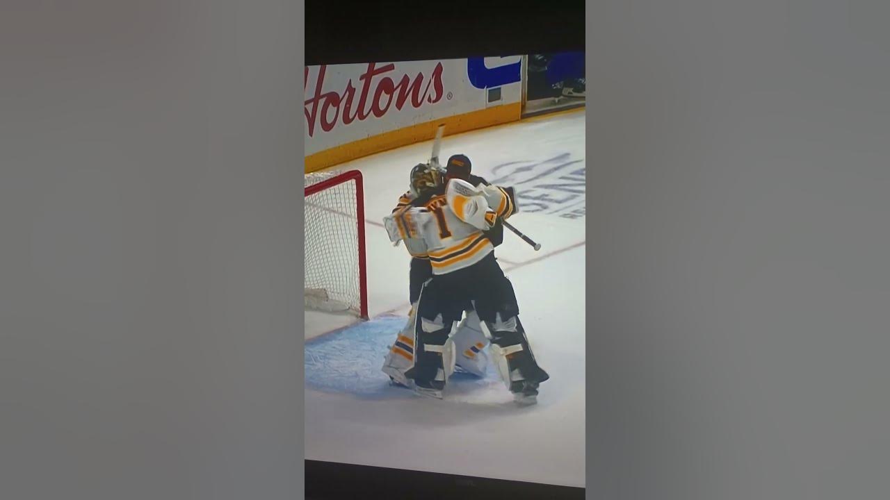 Ullmark and Swayman Goalie hug 3-1 win!! 