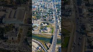 Vertical video. Tula, Russia. Zarechensky bridge. General panorama of the city from the air. Aeri...