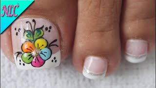 DISEÑO DE UÑAS PARA PIES FLOR DE COLORES Y FRANCES - FLOWERS NAIL ART - FRENCH NAIL ART - NLC