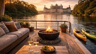 Cozy Sunset by Château de Chambord on a Luxury Boat, French Loire River | Fireplace Ambience 3 Hours